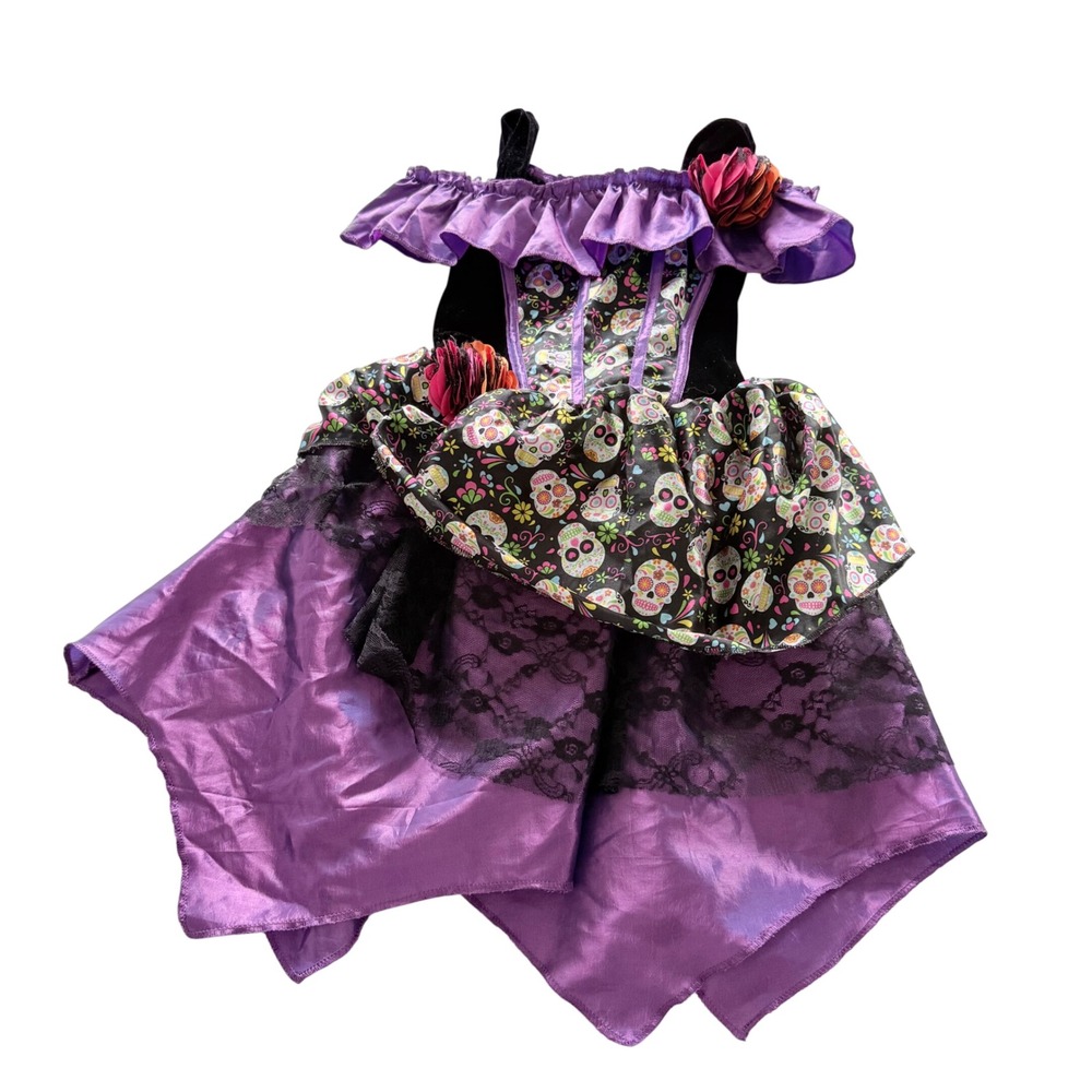 Spirit Halloween Costume Dress Kids Size 8-10 Purple Sugar Skull Day of the Dead